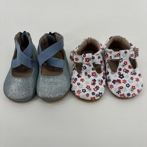 Monkey Feet Shoes Lot Of 2 Baby Girl Size 3-6 Months Blue Flower Flat Soft Soled